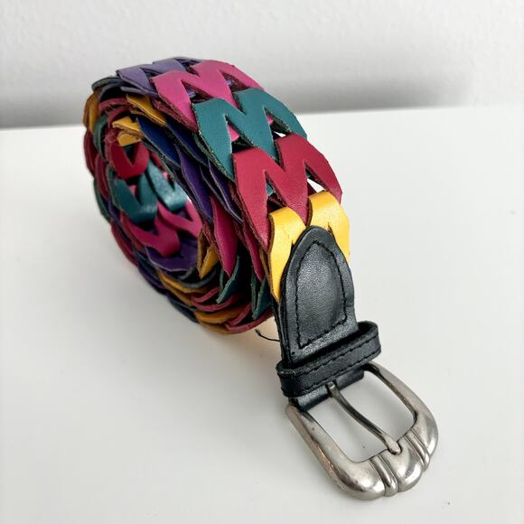 Vintage Accessories - Vintage Rainbow Leather Belt 34" Multicolor Retro Woven 1980s 1990s Unisex M